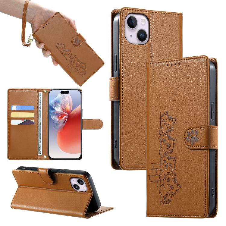 Custodia per telefono in ecopelle con chiusura magnetica e cinturino, con simpatici gattini., For iPhone 15, For iPhone 14 Plus, For iPhone 14 / 13, For iPhone 14 Pro