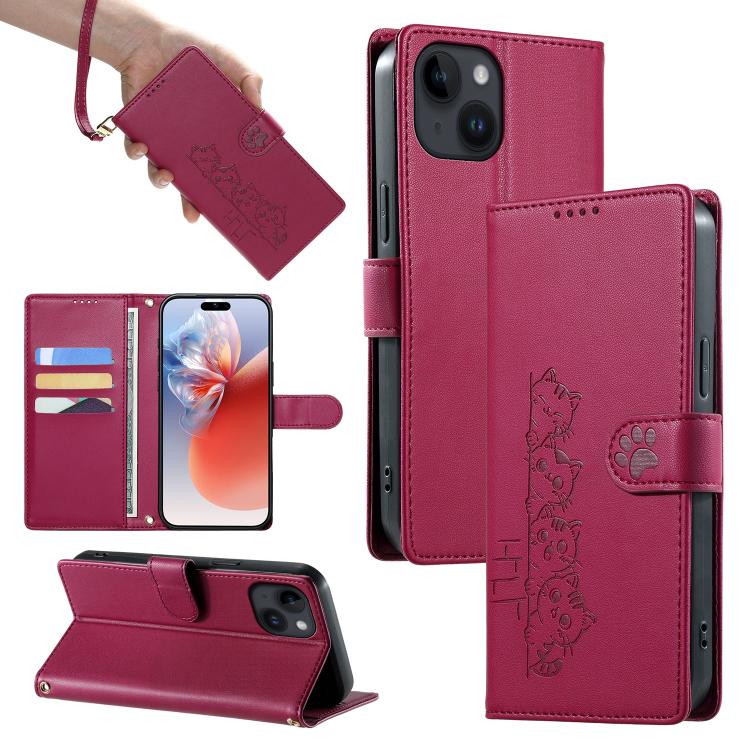 Custodia per telefono in ecopelle con chiusura magnetica e cinturino, con simpatici gattini., For iPhone 15, For iPhone 14 Plus, For iPhone 14 / 13, For iPhone 14 Pro