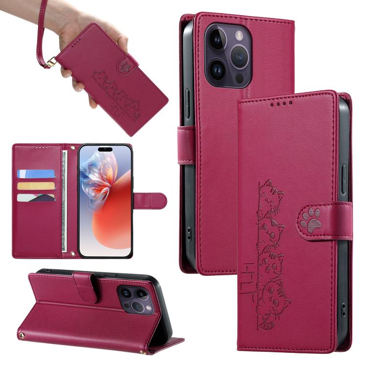 Custodia per telefono in ecopelle con chiusura magnetica e cinturino, con simpatici gattini., For iPhone 14 Pro Max, For iPhone SE 2022 / SE 2020 / 8 / 7, For iPhone 13 Pro Max, For iPhone 13 Pro