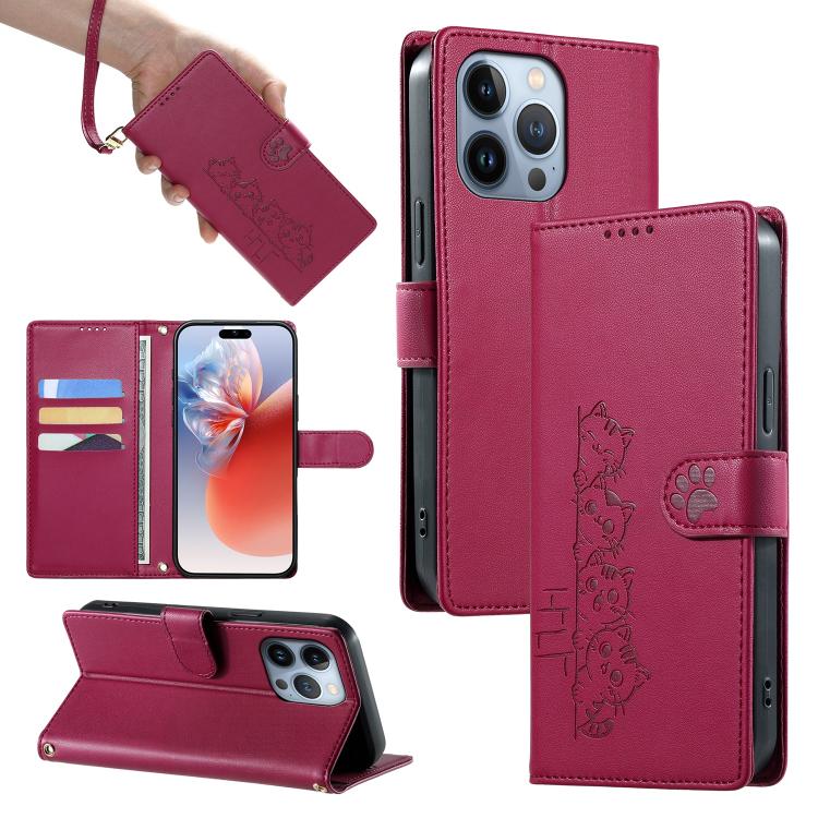 Custodia per telefono in ecopelle con chiusura magnetica e cinturino, con simpatici gattini., For iPhone 14 Pro Max, For iPhone SE 2022 / SE 2020 / 8 / 7, For iPhone 13 Pro Max, For iPhone 13 Pro