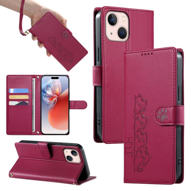 Custodia per telefono in ecopelle con chiusura magnetica e cinturino, con simpatici gattini., For iPhone 13 mini, For iPhone 12 / 12 Pro, For iPhone 12 Pro Max, For iPhone 12 mini