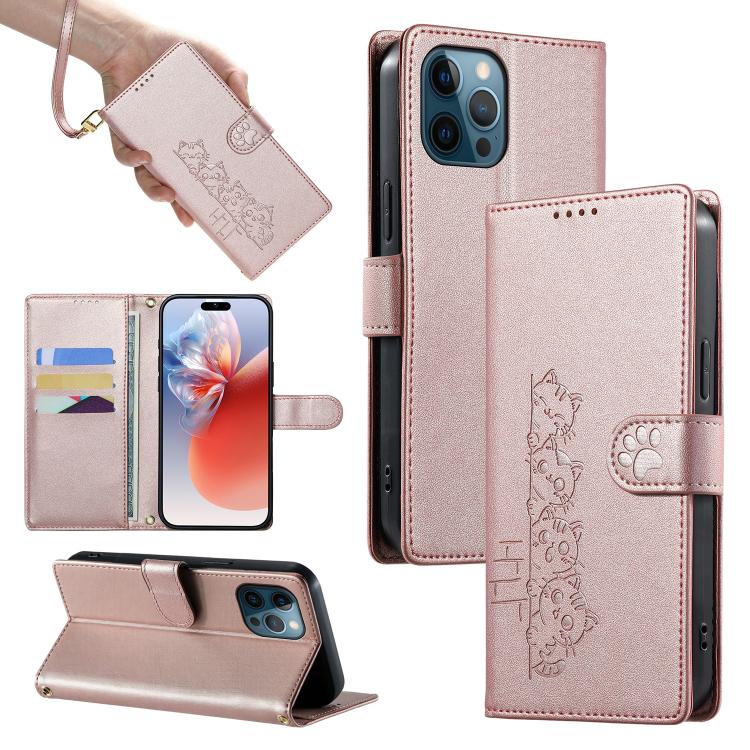 Custodia per telefono in ecopelle con chiusura magnetica e cinturino, con simpatici gattini., For iPhone 13 mini, For iPhone 12 / 12 Pro, For iPhone 12 Pro Max, For iPhone 12 mini