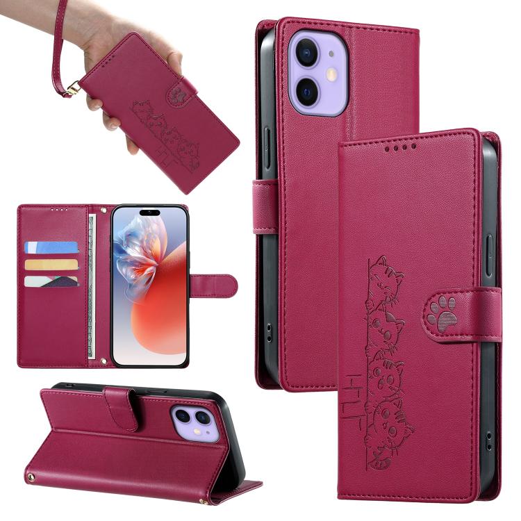 Custodia per telefono in ecopelle con chiusura magnetica e cinturino, con simpatici gattini., For iPhone 13 mini, For iPhone 12 / 12 Pro, For iPhone 12 Pro Max, For iPhone 12 mini