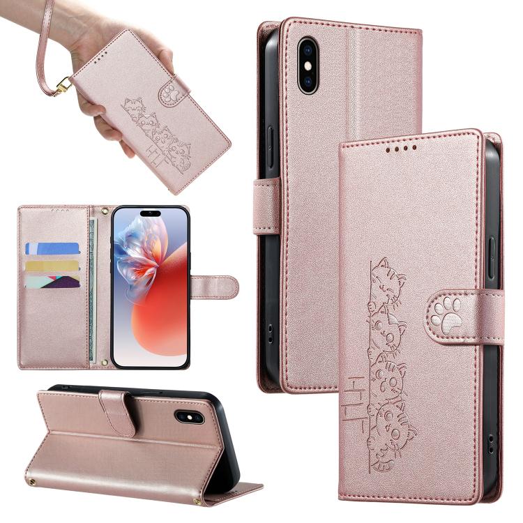 Custodia per telefono in ecopelle con chiusura magnetica e cinturino, con simpatici gattini., For iPhone XR, For iPhone XS Max, For iPhone 8 Plus / 7 Plus