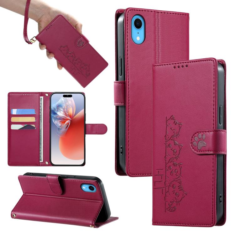 Custodia per telefono in ecopelle con chiusura magnetica e cinturino, con simpatici gattini., For iPhone XR, For iPhone XS Max, For iPhone 8 Plus / 7 Plus