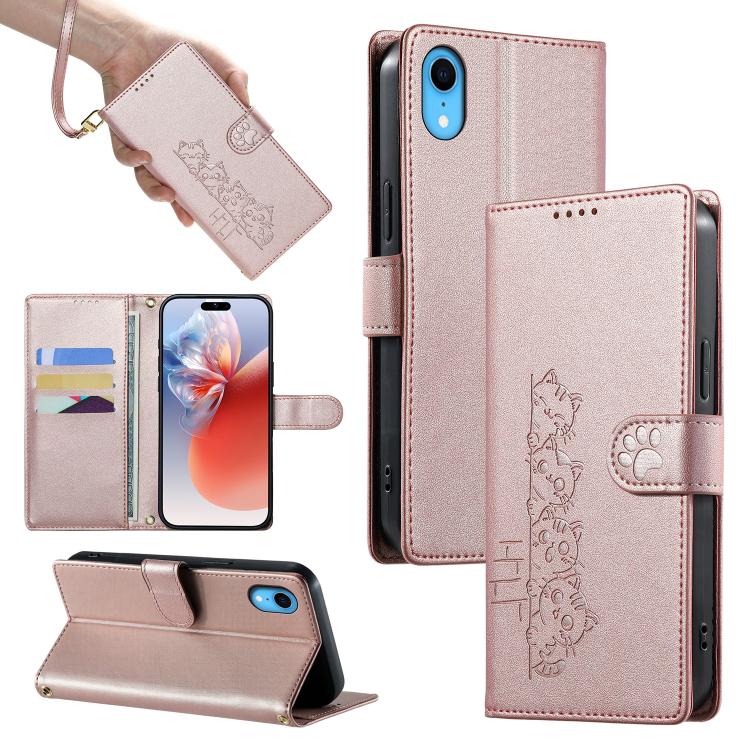 Custodia per telefono in ecopelle con chiusura magnetica e cinturino, con simpatici gattini., For iPhone XR, For iPhone XS Max, For iPhone 8 Plus / 7 Plus