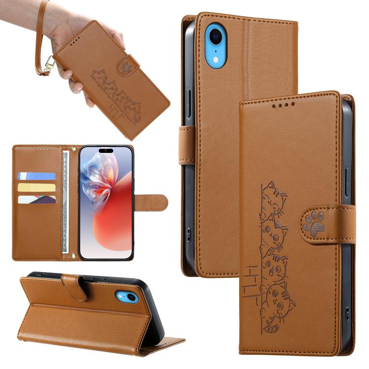 Custodia per telefono in ecopelle con chiusura magnetica e cinturino, con simpatici gattini., For iPhone XR, For iPhone XS Max, For iPhone 8 Plus / 7 Plus