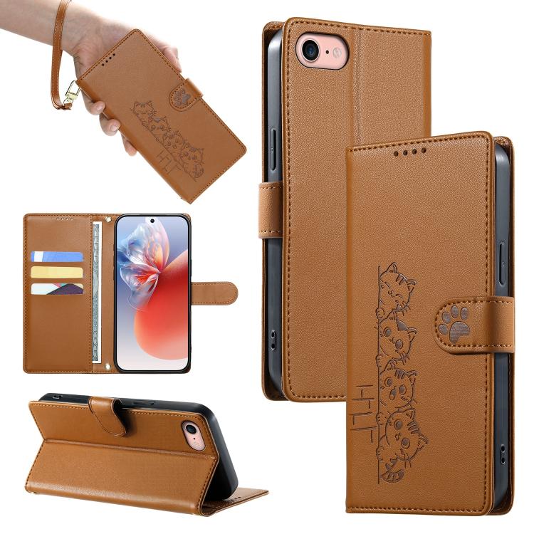 Custodia per telefono in ecopelle con chiusura magnetica e cinturino, con simpatici gattini., For iPhone 14 Pro Max, For iPhone SE 2022 / SE 2020 / 8 / 7, For iPhone 13 Pro Max, For iPhone 13 Pro