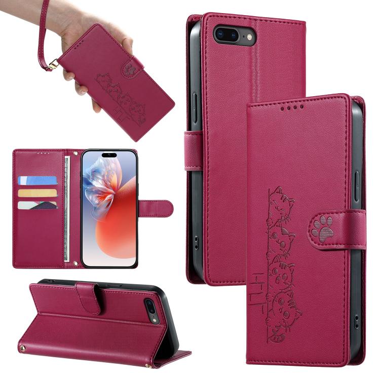 Custodia per telefono in ecopelle con chiusura magnetica e cinturino, con simpatici gattini., For iPhone XR, For iPhone XS Max, For iPhone 8 Plus / 7 Plus