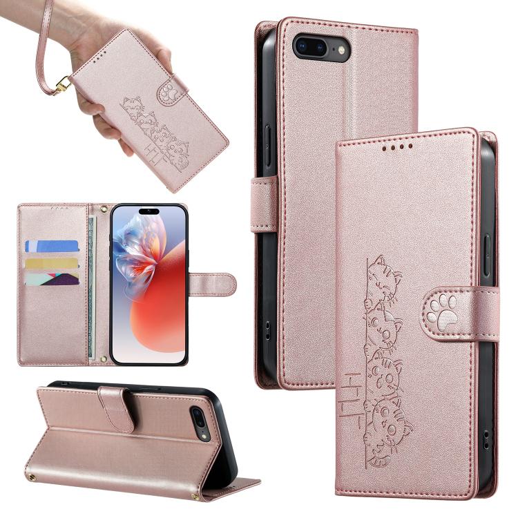Custodia per telefono in ecopelle con chiusura magnetica e cinturino, con simpatici gattini., For iPhone XR, For iPhone XS Max, For iPhone 8 Plus / 7 Plus