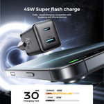 Caricabatterie rapido GaN a doppia interfaccia USB e Type-C da 45 W JOYROOM JR-TG8, EU Plug, UK Plug