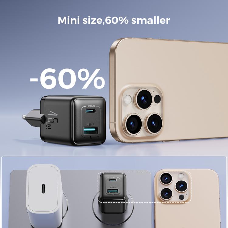 Caricabatterie rapido GaN a doppia interfaccia USB e Type-C da 45 W JOYROOM JR-TG8, EU Plug, UK Plug