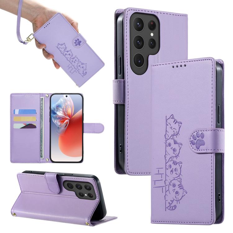 Custodia per telefono in ecopelle con chiusura magnetica e cinturino, con simpatici gattini., For Galaxy S25+ 5G / S24+ 5G, For Galaxy S25 Ultra 5G, For Galaxy S24 FE 5G, For Galaxy S24 Ultra 5G