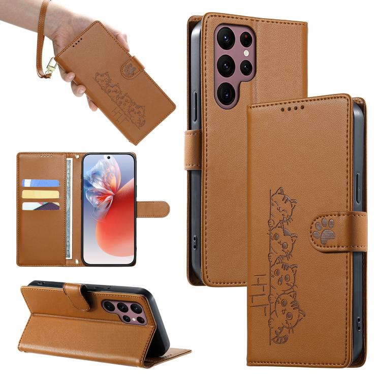 Custodia per telefono in ecopelle con chiusura magnetica e cinturino, con simpatici gattini., For Galaxy S22 Ultra 5G, For Galaxy S22+ 5G, For Galaxy S22 5G, For Galaxy S21 FE 5G