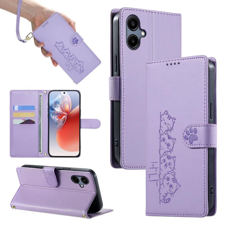 Custodia per telefono in ecopelle con chiusura magnetica e cinturino, con simpatici gattini., For Galaxy A06 / A07 4G / 5G, For Galaxy A56 5G, For Galaxy A36 5G, For Galaxy A15 4G / 5G