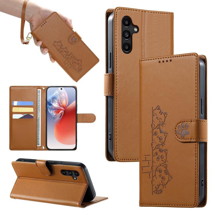 Custodia per telefono in ecopelle con chiusura magnetica e cinturino, con simpatici gattini., For Galaxy A06 / A07 4G / 5G, For Galaxy A56 5G, For Galaxy A36 5G, For Galaxy A15 4G / 5G