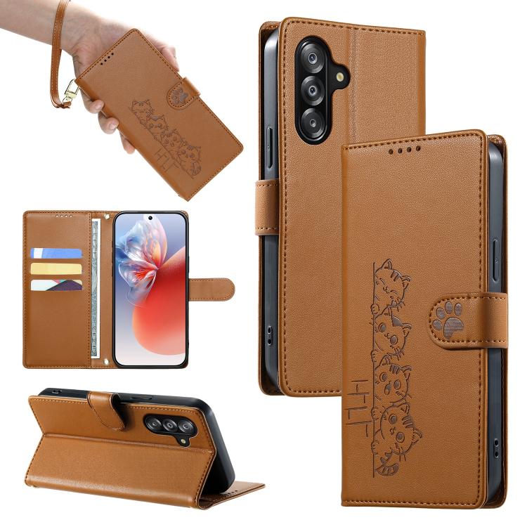 Custodia per telefono in ecopelle con chiusura magnetica e cinturino, con simpatici gattini., For Galaxy A57 5G, For Galaxy A37 5G, For Galaxy A27 5G, For Galaxy A17 / A16 / A26 5G