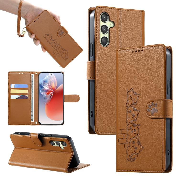 Custodia per telefono in ecopelle con chiusura magnetica e cinturino, con simpatici gattini., For Galaxy A25 5G Global, For Galaxy A24 4G, For Galaxy A14 4G / 5G, For Galaxy A34 5G