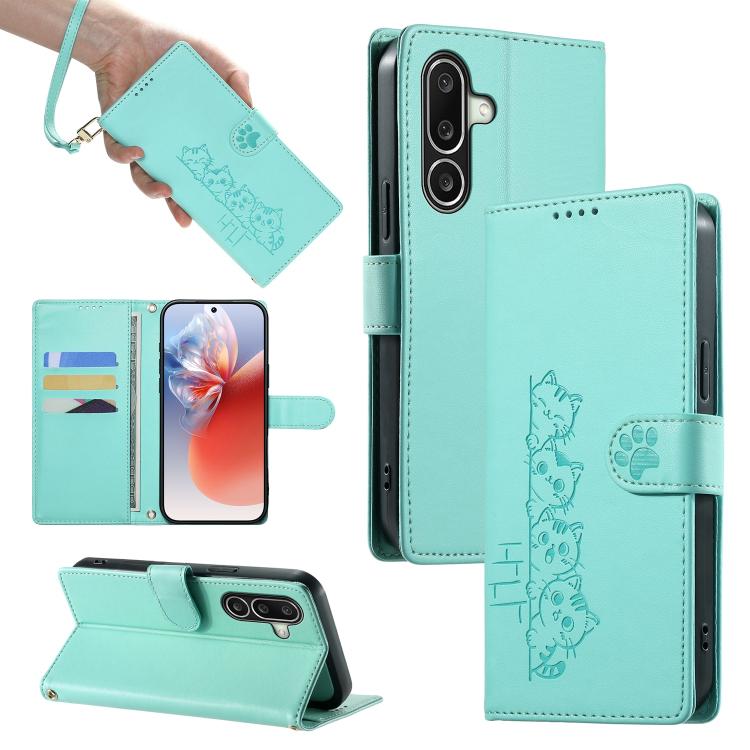 Custodia per telefono in ecopelle con chiusura magnetica e cinturino, con simpatici gattini., For Galaxy A57 5G, For Galaxy A37 5G, For Galaxy A27 5G, For Galaxy A17 / A16 / A26 5G