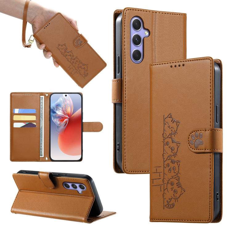 Custodia per telefono in ecopelle con chiusura magnetica e cinturino, con simpatici gattini., For Galaxy A54 5G