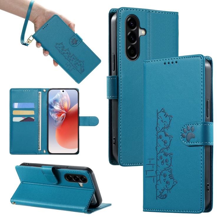 Custodia per telefono in ecopelle con chiusura magnetica e cinturino, con simpatici gattini., For Galaxy A06 / A07 4G / 5G, For Galaxy A56 5G, For Galaxy A36 5G, For Galaxy A15 4G / 5G