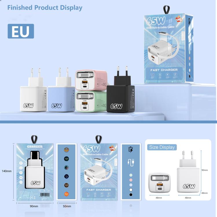 Caricabatterie rapido a doppia porta Type-C e USB da 65 W Sugar Cube con cavo retrattile Type-C., EU Plug, US Plug, UK Plug