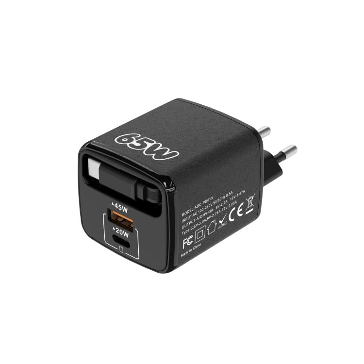 Caricabatterie rapido a doppia porta Type-C e USB da 65 W Sugar Cube con cavo retrattile Type-C., EU Plug, US Plug, UK Plug