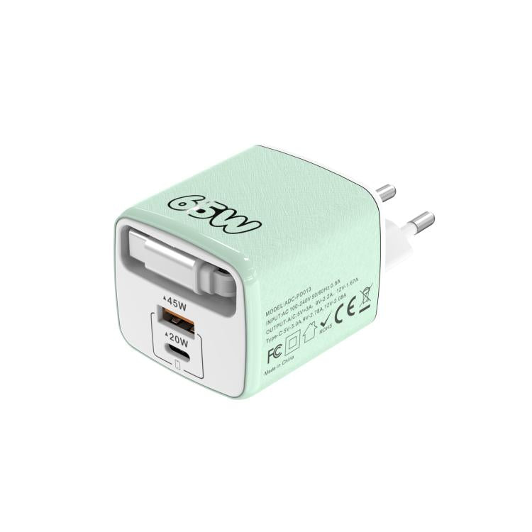 Caricabatterie rapido a doppia porta Type-C e USB da 65 W Sugar Cube con cavo retrattile Type-C., EU Plug, US Plug, UK Plug