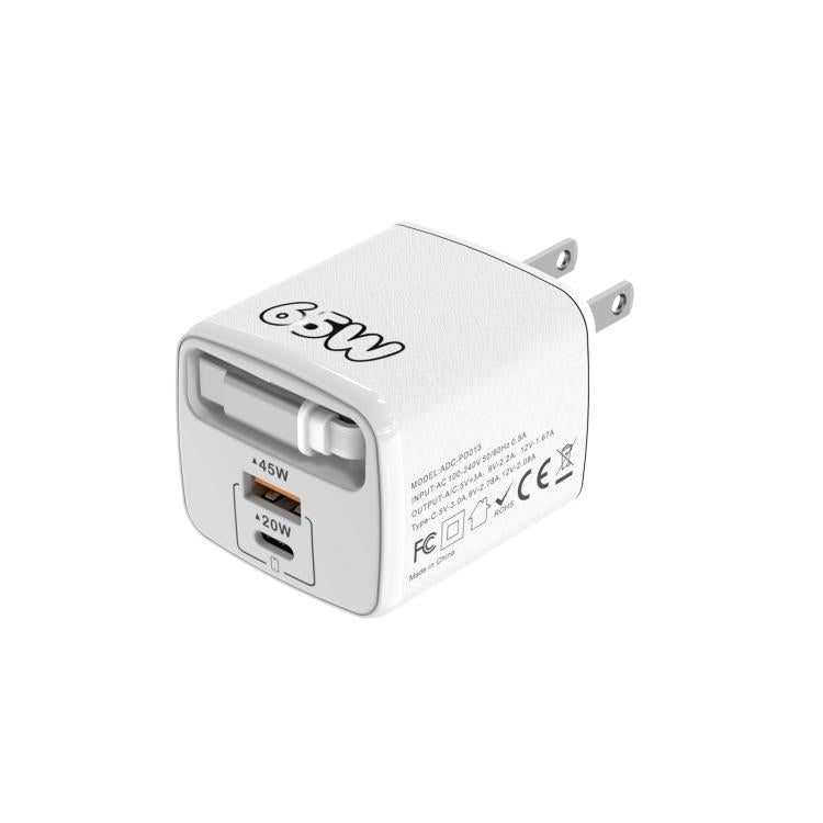Caricabatterie rapido a doppia porta Type-C e USB da 65 W Sugar Cube con cavo retrattile Type-C., EU Plug, US Plug, UK Plug