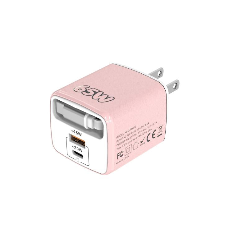 Caricabatterie rapido a doppia porta Type-C e USB da 65 W Sugar Cube con cavo retrattile Type-C., EU Plug, US Plug, UK Plug