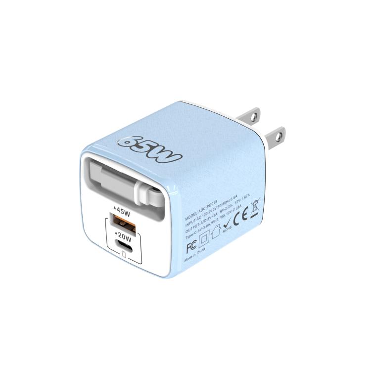 Caricabatterie rapido a doppia porta Type-C e USB da 65 W Sugar Cube con cavo retrattile Type-C., EU Plug, US Plug, UK Plug