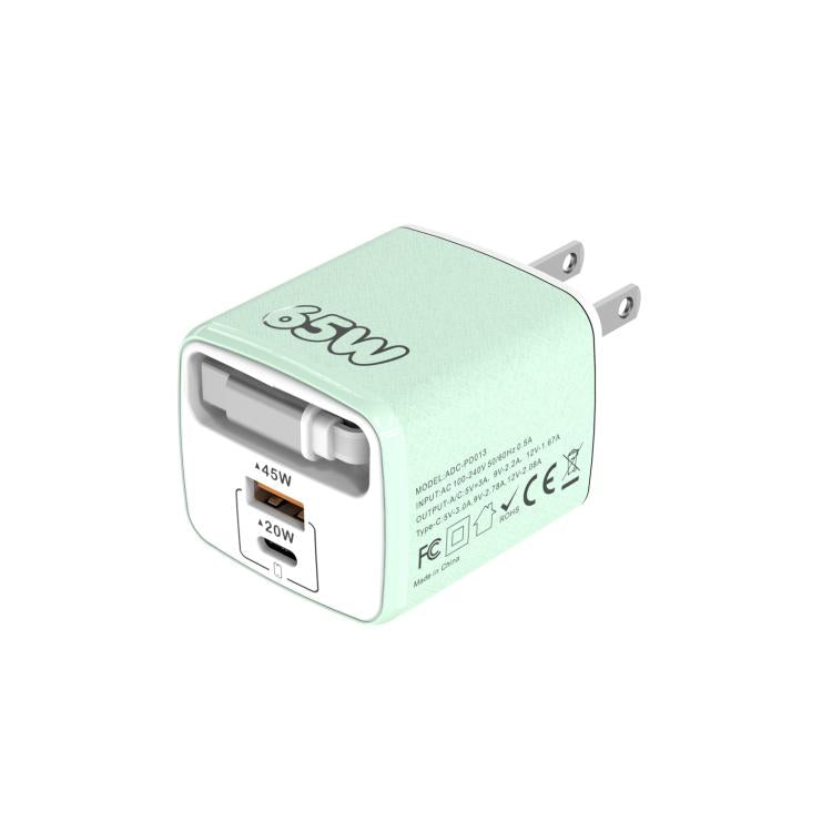 Caricabatterie rapido a doppia porta Type-C e USB da 65 W Sugar Cube con cavo retrattile Type-C., EU Plug, US Plug, UK Plug