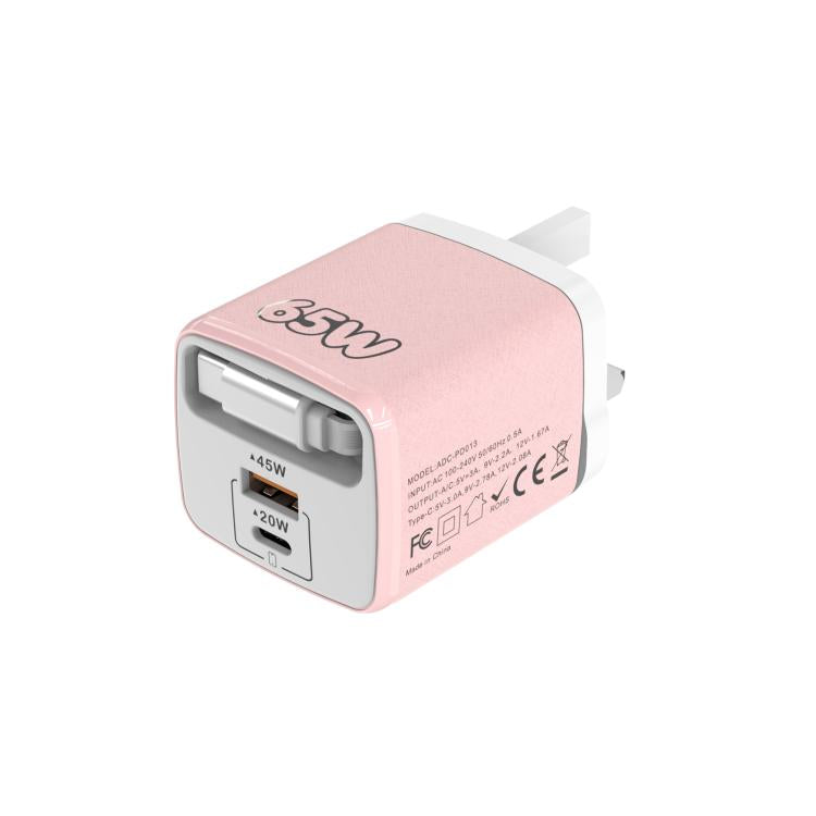 Caricabatterie rapido a doppia porta Type-C e USB da 65 W Sugar Cube con cavo retrattile Type-C., EU Plug, US Plug, UK Plug