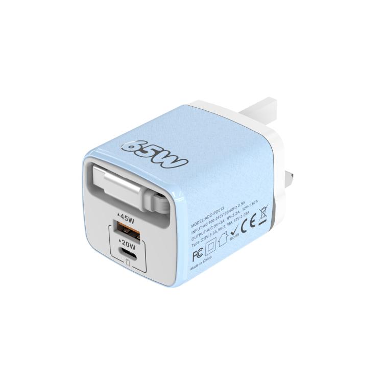 Caricabatterie rapido a doppia porta Type-C e USB da 65 W Sugar Cube con cavo retrattile Type-C., EU Plug, US Plug, UK Plug
