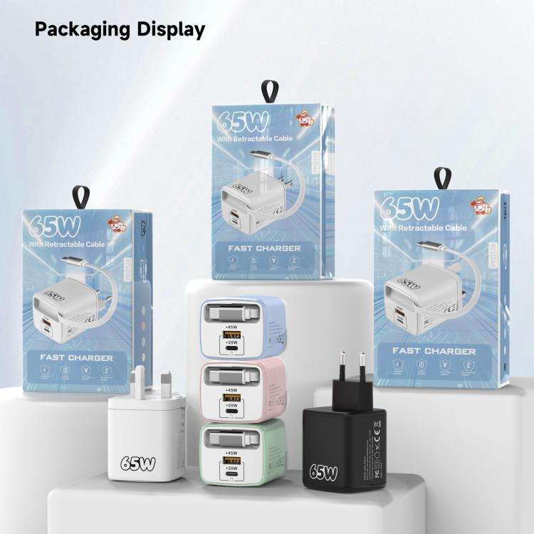 Caricabatterie rapido a doppia porta Type-C e USB da 65 W Sugar Cube con cavo retrattile Type-C., EU Plug, US Plug, UK Plug