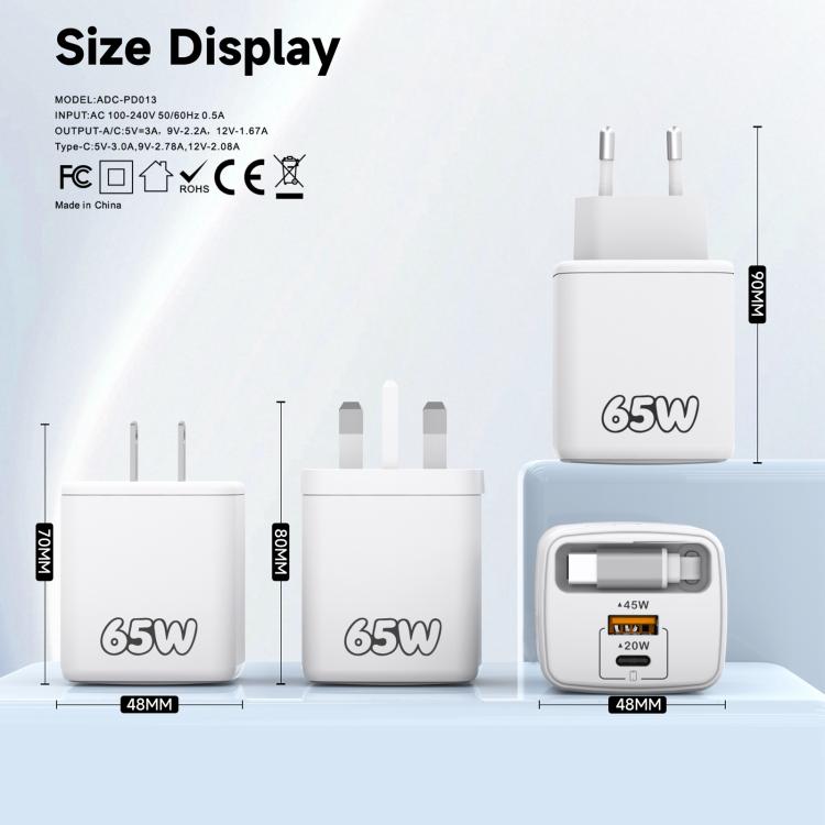 Caricabatterie rapido a doppia porta Type-C e USB da 65 W Sugar Cube con cavo retrattile Type-C., EU Plug, US Plug, UK Plug
