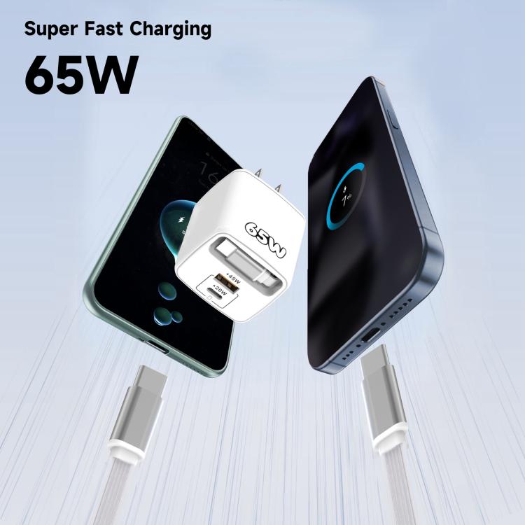 Caricabatterie rapido a doppia porta Type-C e USB da 65 W Sugar Cube con cavo retrattile Type-C., EU Plug, US Plug, UK Plug