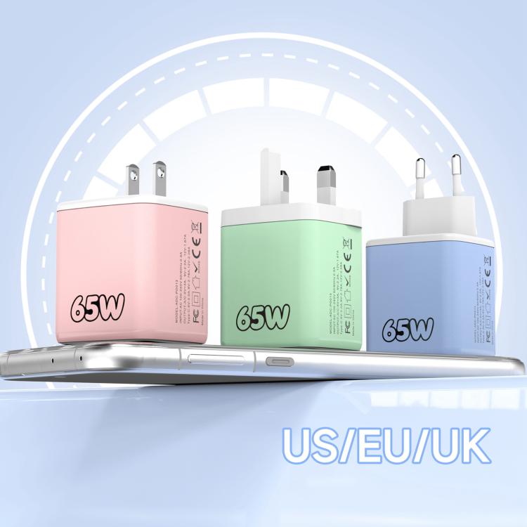 Caricabatterie rapido a doppia porta Type-C e USB da 65 W Sugar Cube con cavo retrattile Type-C., EU Plug, US Plug, UK Plug