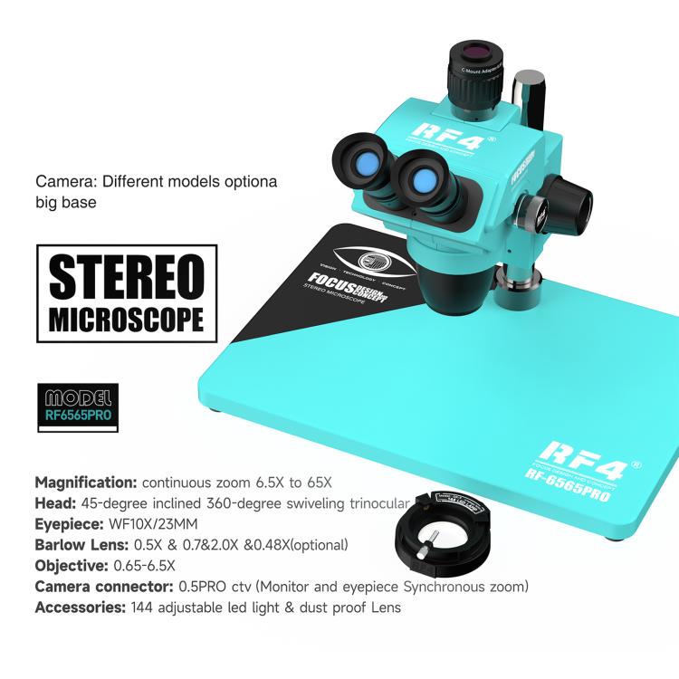 Microscopio stereoscopico trinoculare RF4 RF-6565Pro con zoom sincrono 6,5-65X e base in lega di alluminio., RF-6565Pro