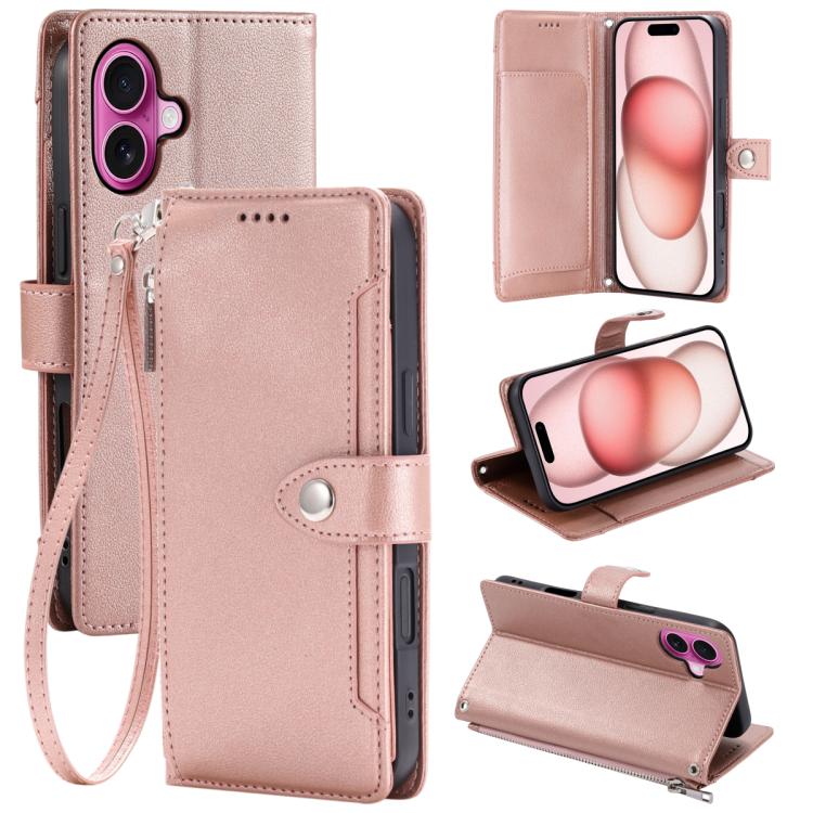 Portafoglio con cerniera e fibbia in ecopelle con texture litchi e cinturino da polso., For iPhone 16 Plus, For iPhone 16, For iPhone 15 Pro Max