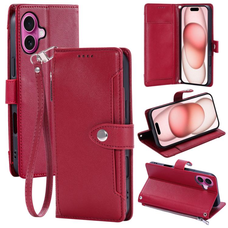 Portafoglio con cerniera e fibbia in ecopelle con texture litchi e cinturino da polso., For iPhone 16 Plus, For iPhone 16, For iPhone 15 Pro Max