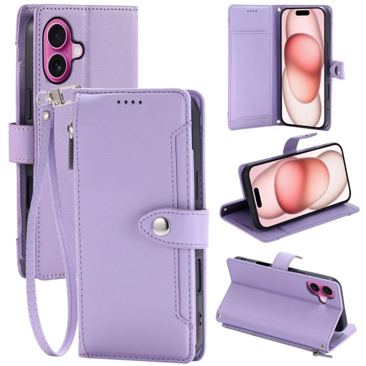 Portafoglio con cerniera e fibbia in ecopelle con texture litchi e cinturino da polso., For iPhone 16 Plus, For iPhone 16, For iPhone 15 Pro Max