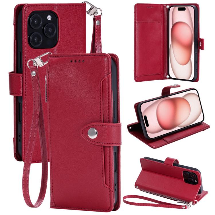 Portafoglio con cerniera e fibbia in ecopelle con texture litchi e cinturino da polso., For iPhone 16 Plus, For iPhone 16, For iPhone 15 Pro Max