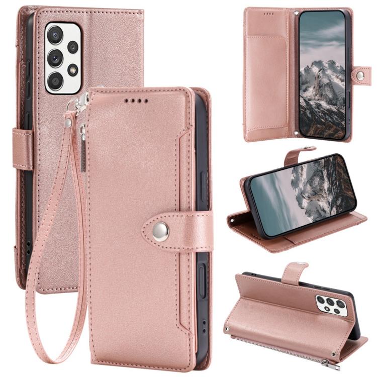 Portafoglio con cerniera e fibbia in ecopelle con texture litchi e cinturino da polso., For Galaxy A14 5G / 4G, For Galaxy A54 5G, For Galaxy A53 5G