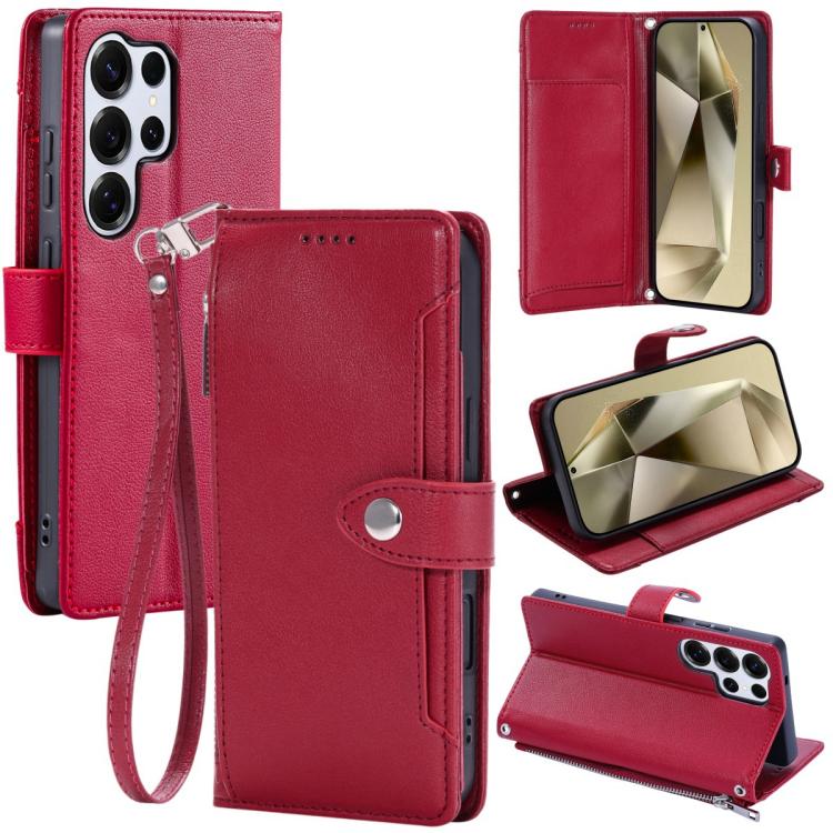 Portafoglio con cerniera e fibbia in ecopelle con texture litchi e cinturino da polso., For Galaxy S26+ 5G, For Galaxy S26 Ultra 5G, For Galaxy S26 5G