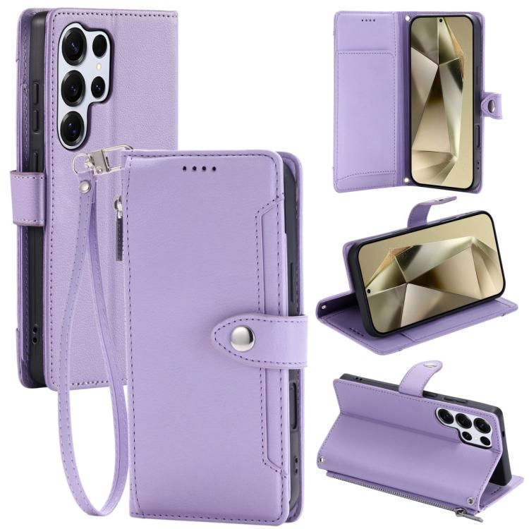 Portafoglio con cerniera e fibbia in ecopelle con texture litchi e cinturino da polso., For Galaxy S25 Ultra 5G, For Galaxy S24 FE 5G, For Galaxy S24 Ultra 5G