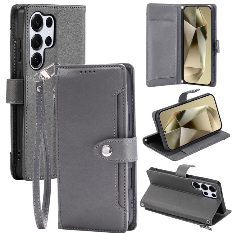Portafoglio con cerniera e fibbia in ecopelle con texture litchi e cinturino da polso., For Galaxy S25 Ultra 5G, For Galaxy S24 FE 5G, For Galaxy S24 Ultra 5G