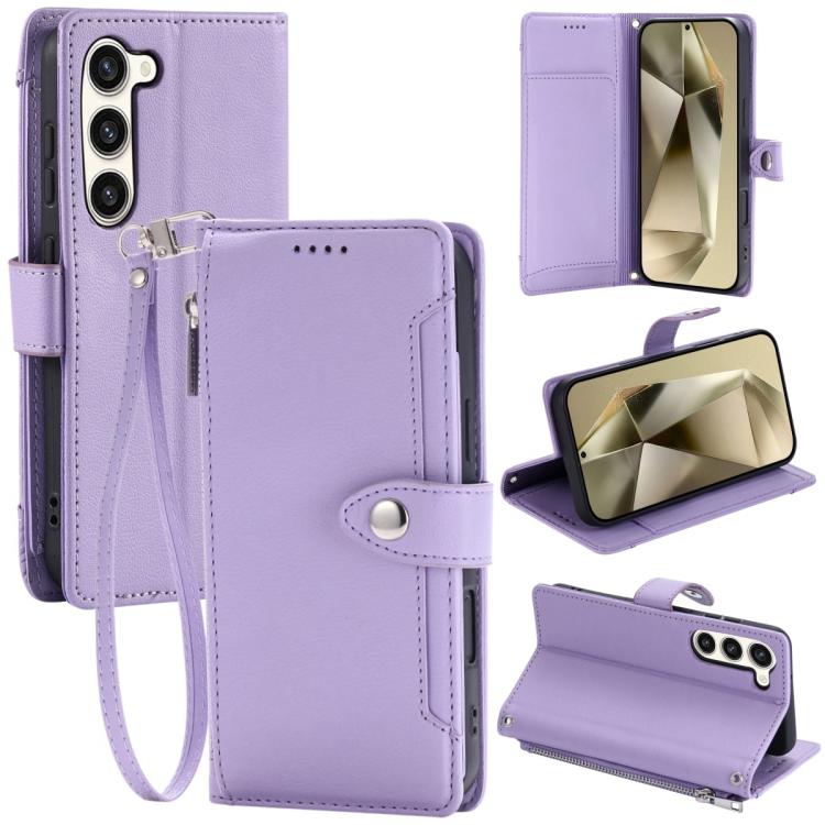 Portafoglio con cerniera e fibbia in ecopelle con texture litchi e cinturino da polso., For Galaxy S23 Ultra 5G, For Galaxy S23+ 5G, For Galaxy S23 5G