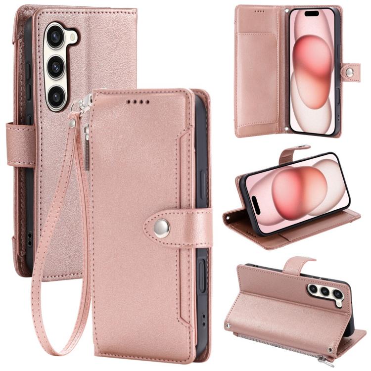 Portafoglio con cerniera e fibbia in ecopelle con texture litchi e cinturino da polso., For Galaxy S23 Ultra 5G, For Galaxy S23+ 5G, For Galaxy S23 5G