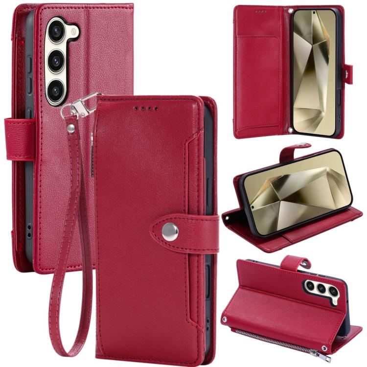 Portafoglio con cerniera e fibbia in ecopelle con texture litchi e cinturino da polso., For Galaxy S23 Ultra 5G, For Galaxy S23+ 5G, For Galaxy S23 5G